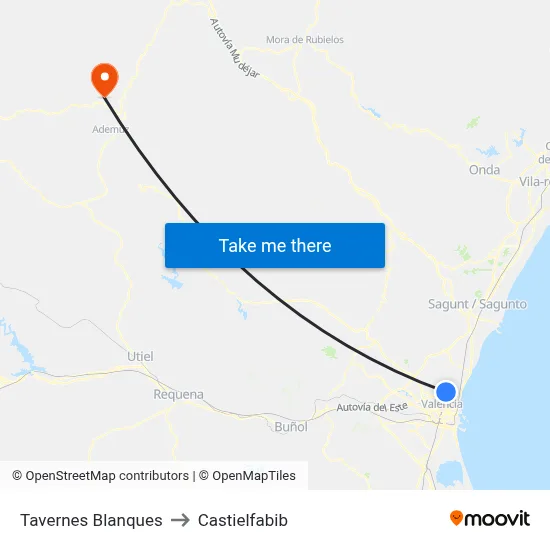 Tavernes Blanques to Castielfabib map