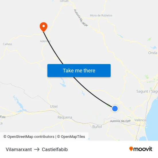 Vilamarxant to Castielfabib map