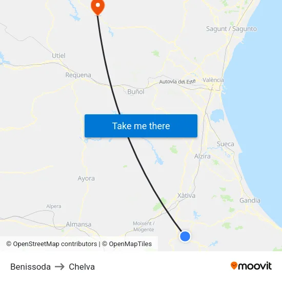 Benissoda to Chelva map