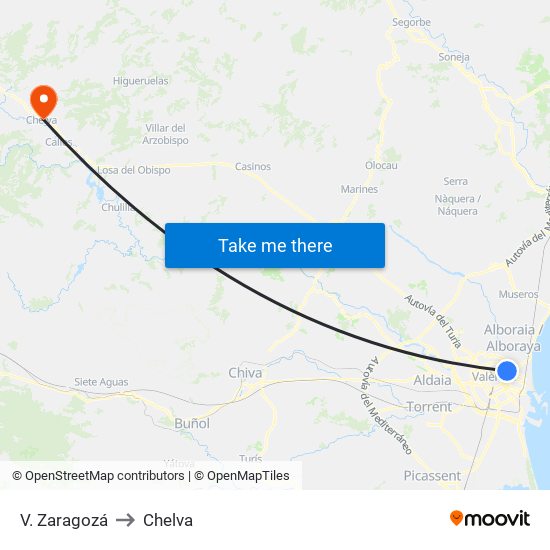 V. Zaragozá to Chelva map