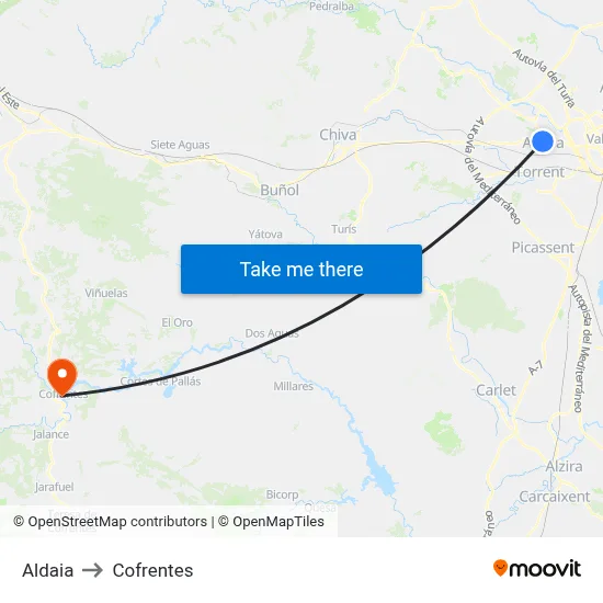 Aldaia to Cofrentes map