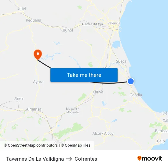 Tavernes De La Valldigna to Cofrentes map