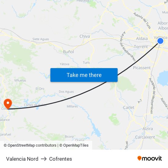 Valencia Nord to Cofrentes map