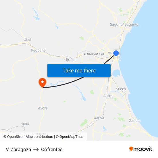 V. Zaragozá to Cofrentes map