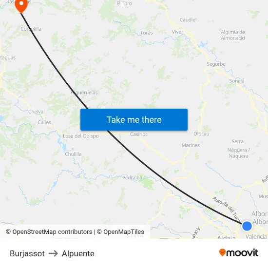 Burjassot to Alpuente map