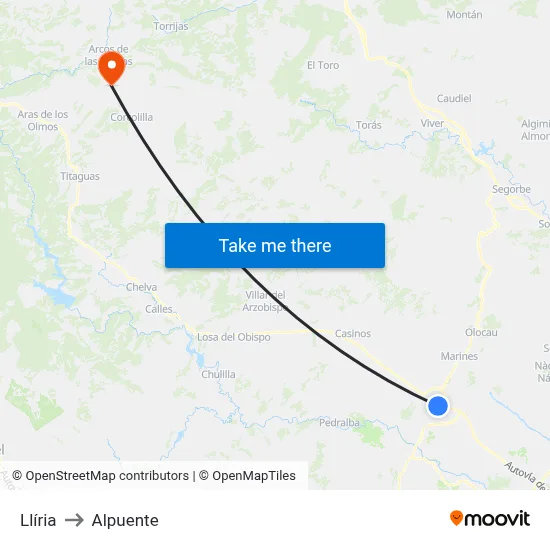 Llíria to Alpuente map