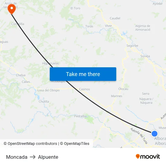 Moncada to Alpuente map