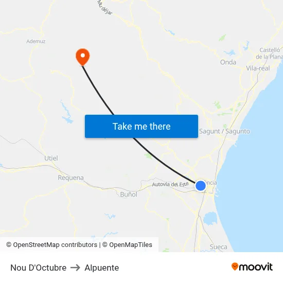Nou D'Octubre to Alpuente map