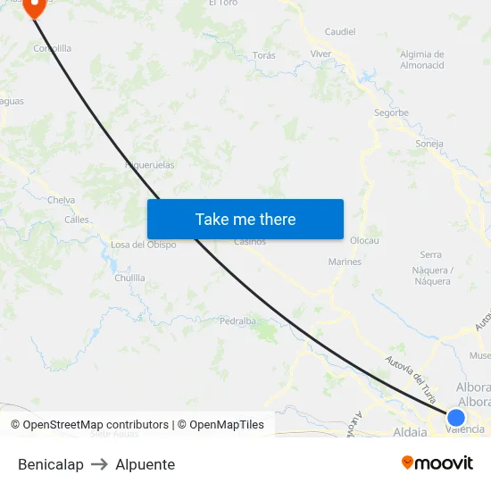 Benicalap to Alpuente map