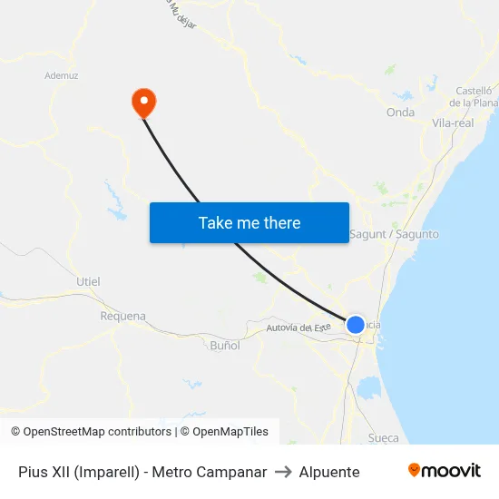 Pius XII (Imparell) - Metro Campanar to Alpuente map