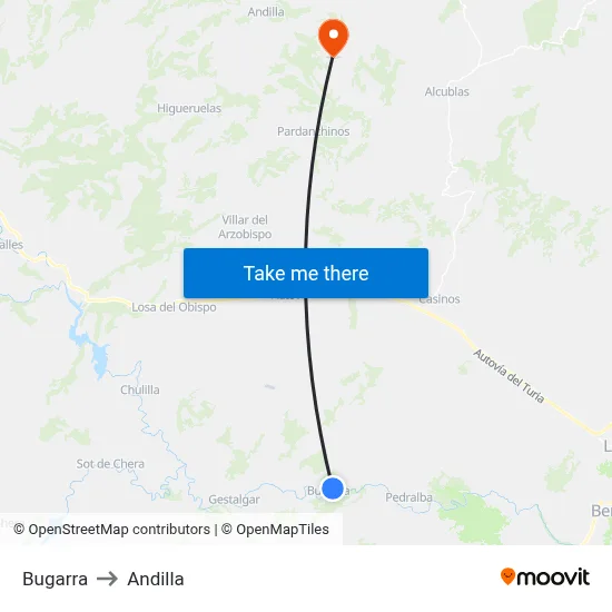 Bugarra to Andilla map