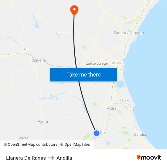 Llanera De Ranes to Andilla map