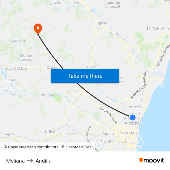 Meliana to Andilla map