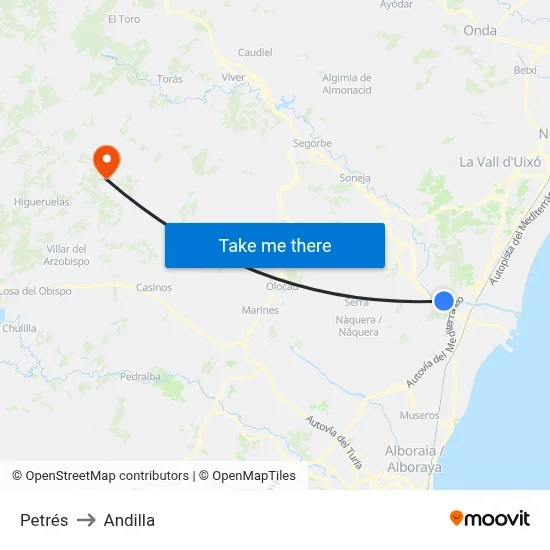 Petrés to Andilla map