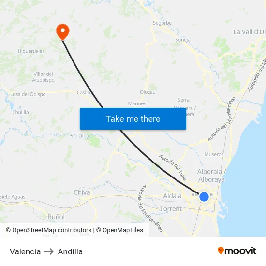 Valencia to Andilla map