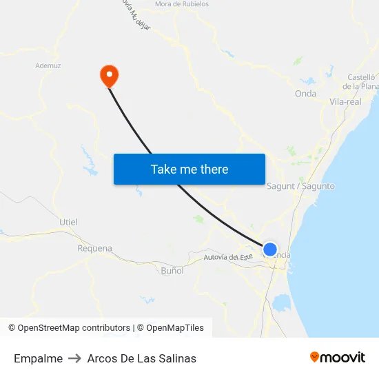 Empalme to Arcos De Las Salinas map