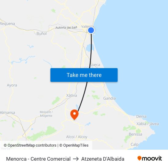 Menorca (Parell) - Centre Comercial to Atzeneta D'Albaida map