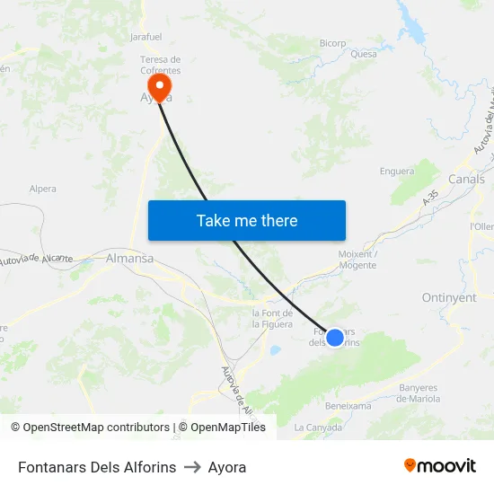 Fontanars Dels Alforins to Ayora map