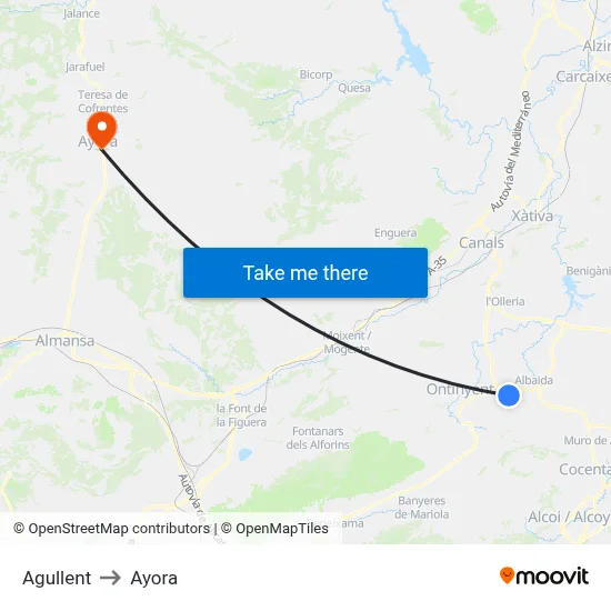 Agullent to Ayora map