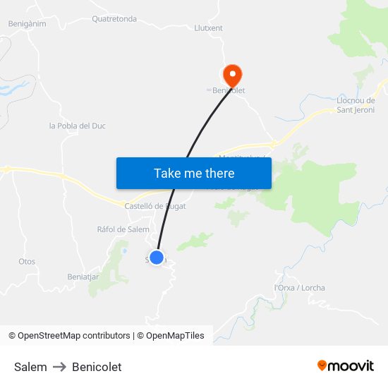 Salem to Benicolet map