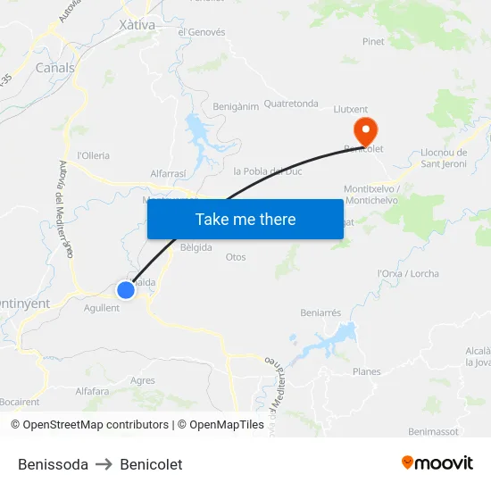 Benissoda to Benicolet map