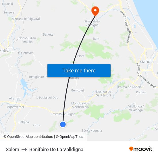 Salem to Benifairó De La Valldigna map