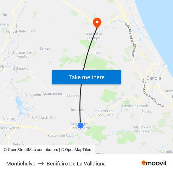 Montichelvo to Benifairó De La Valldigna map