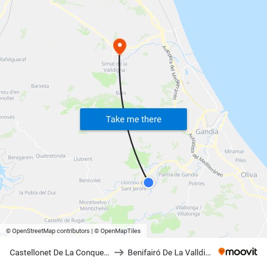 Castellonet De La Conquesta to Benifairó De La Valldigna map