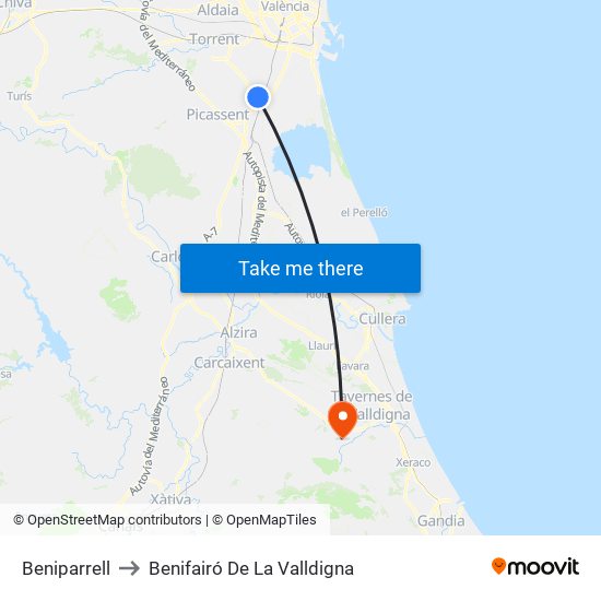 Beniparrell to Benifairó De La Valldigna map