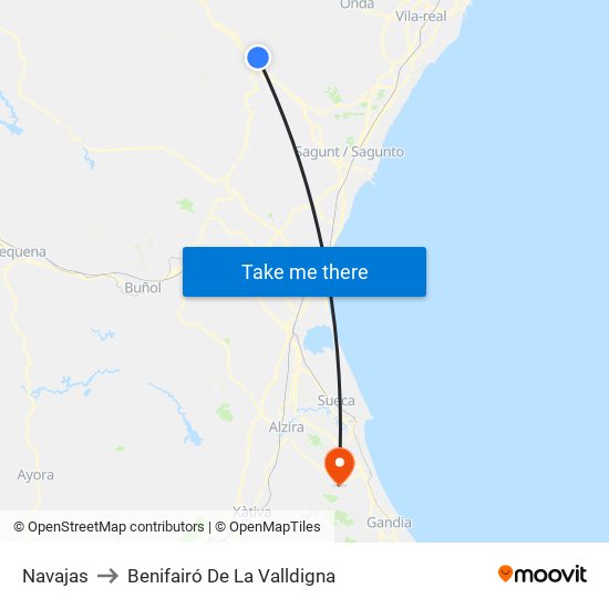 Navajas to Benifairó De La Valldigna map