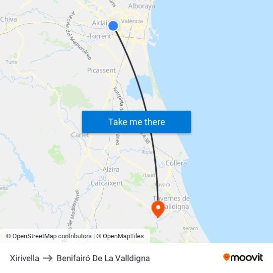 Xirivella to Benifairó De La Valldigna map