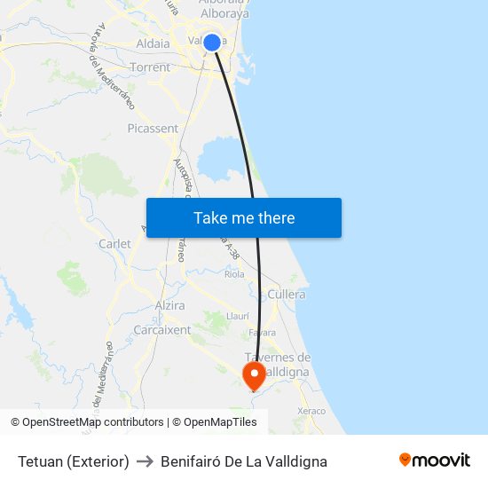 Tetuan (Exterior) to Benifairó De La Valldigna map