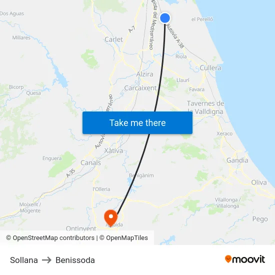 Sollana to Benissoda map