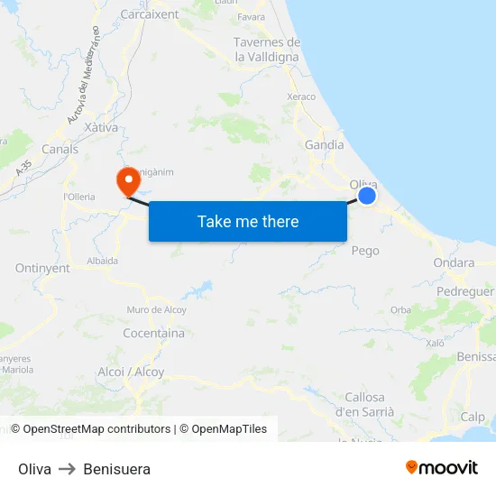 Oliva to Benisuera map