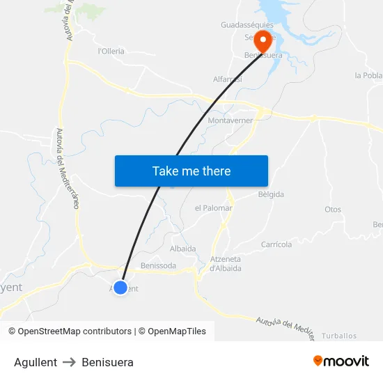 Agullent to Benisuera map