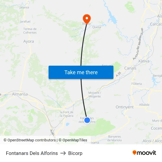 Fontanars Dels Alforins to Bicorp map