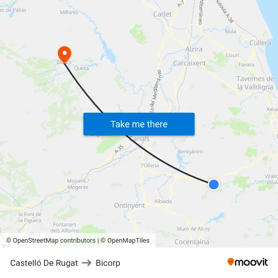 Castelló De Rugat to Bicorp map