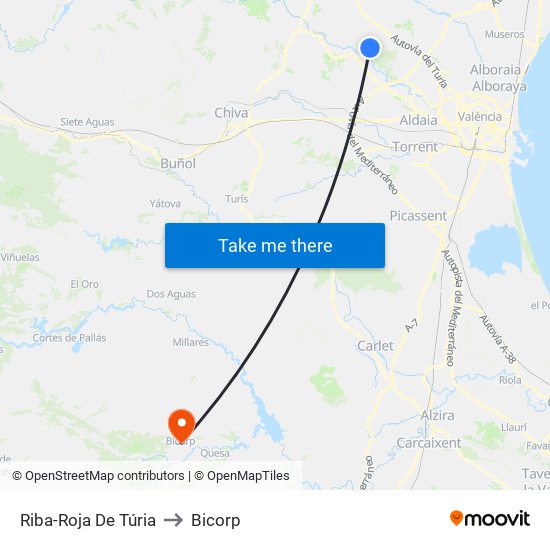 Riba-Roja De Túria to Bicorp map