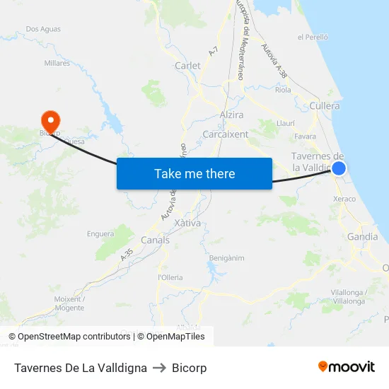 Tavernes De La Valldigna to Bicorp map