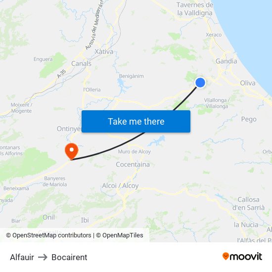 Alfauir to Bocairent map