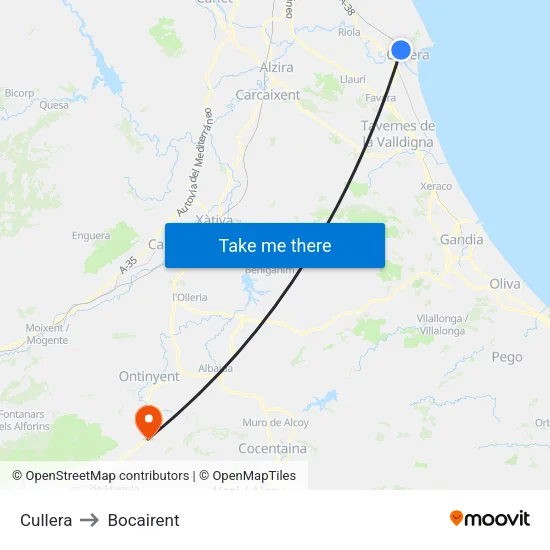 Cullera to Bocairent map