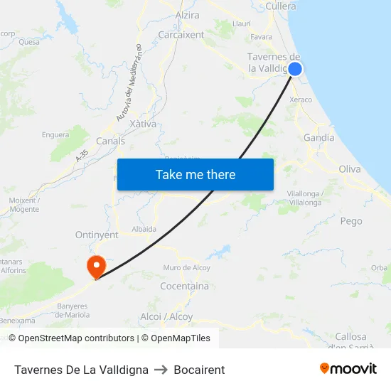 Tavernes De La Valldigna to Bocairent map