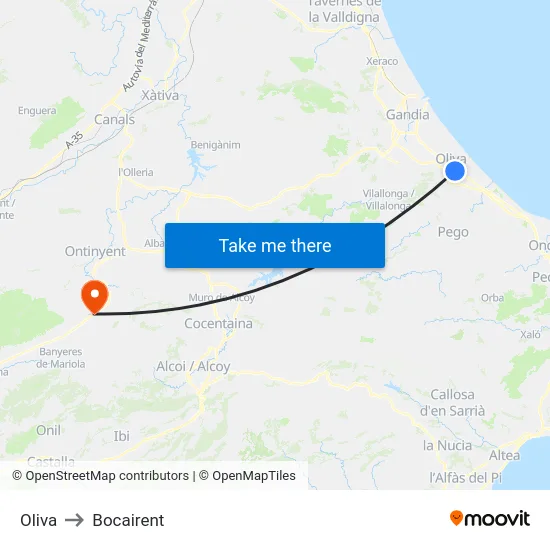 Oliva to Bocairent map