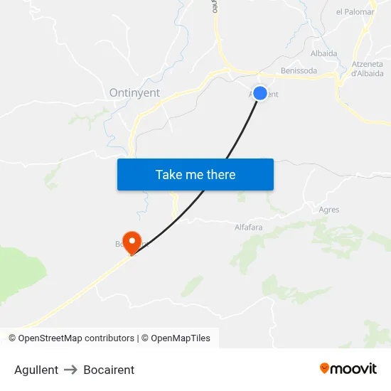 Agullent to Bocairent map