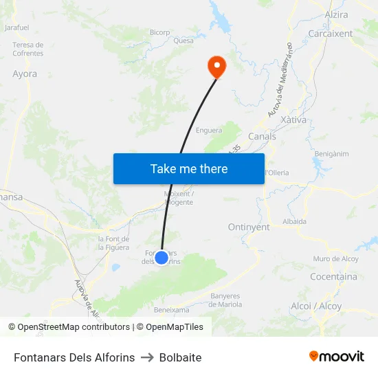 Fontanars Dels Alforins to Bolbaite map