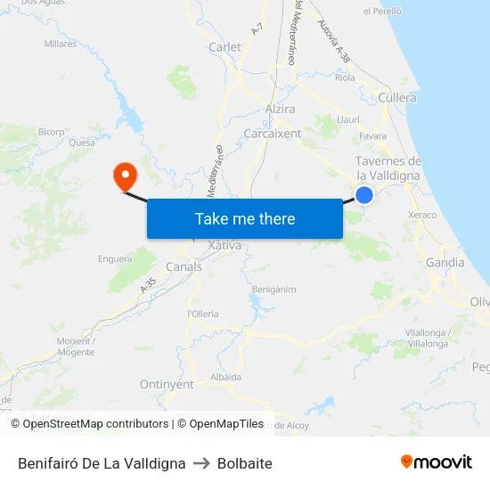 Benifairó De La Valldigna to Bolbaite map