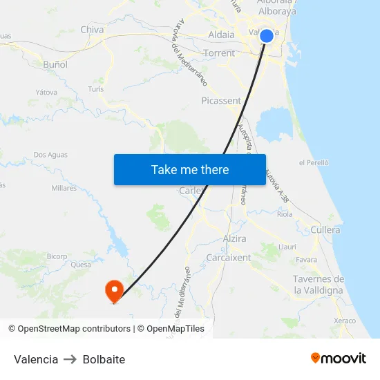 Valencia to Bolbaite map