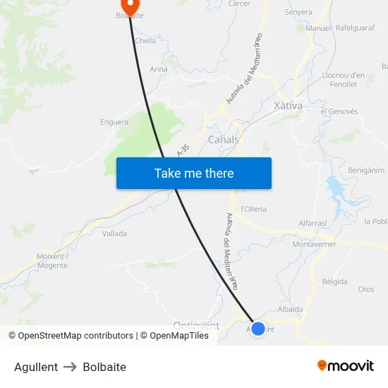 Agullent to Bolbaite map