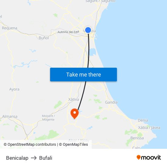 Benicalap to Bufali map