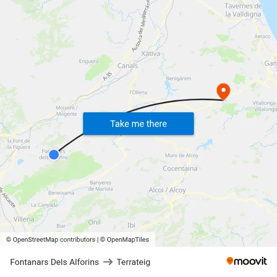 Fontanars Dels Alforins to Terrateig map